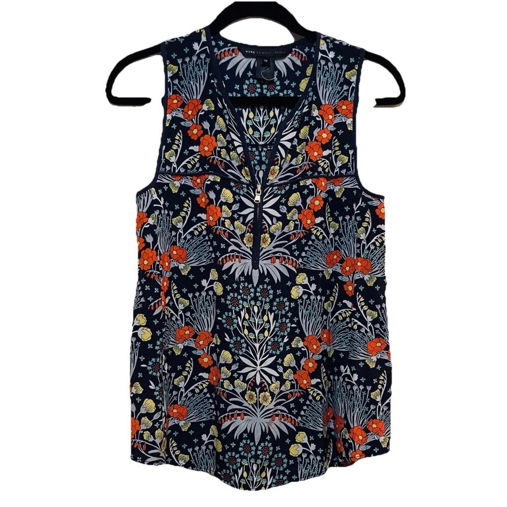 MARC BY MARC JACOBS "Black Iris" Silk Sleeveless Zipper Top Sz XS